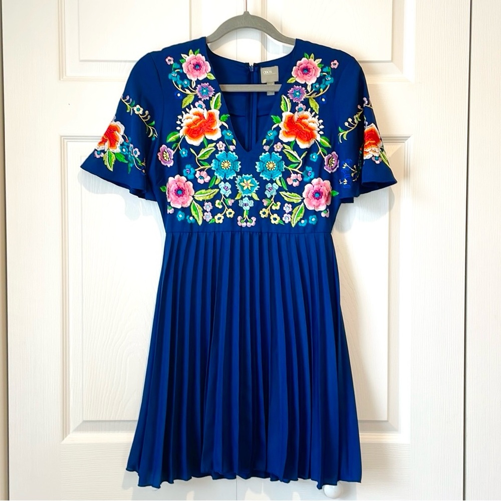 ASOS Embroidered Pleated Dress in Navy Blue